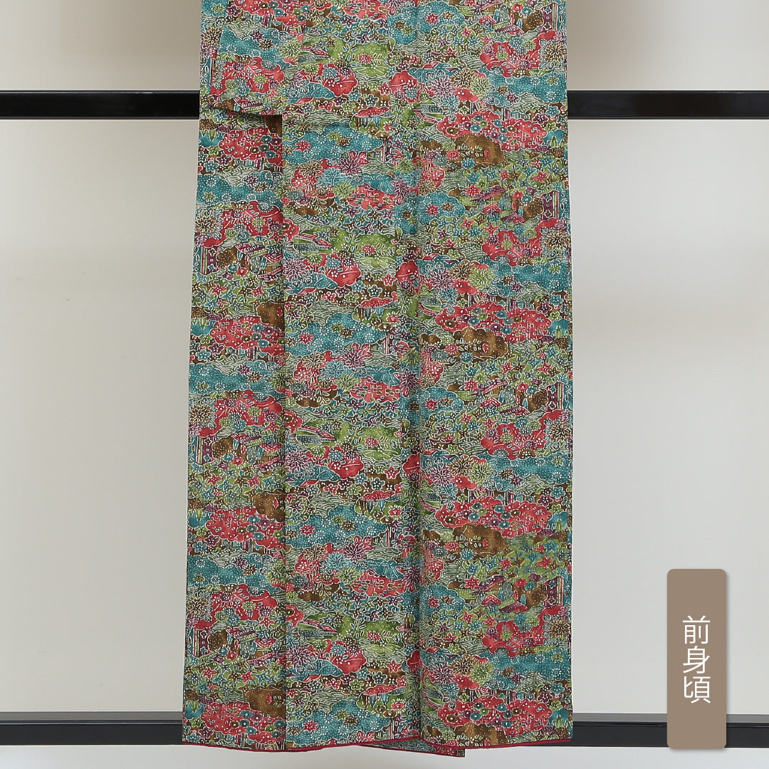 小紋 ちりめん 袷 身丈154cm 裄67cm グラデーション系 四季草花 花柄 植物柄 正絹 Aランク 通年柄 1215009763299