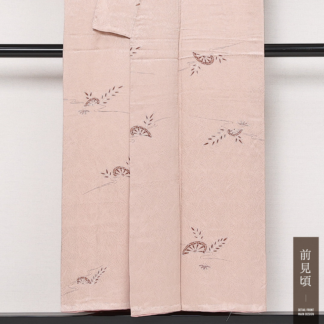小紋 袷 身丈145cm 裄丈61cm 正絹 Aランク インフォーマル 広衿 XSサイズ 源氏車 ピンク系 RP 1221-13672