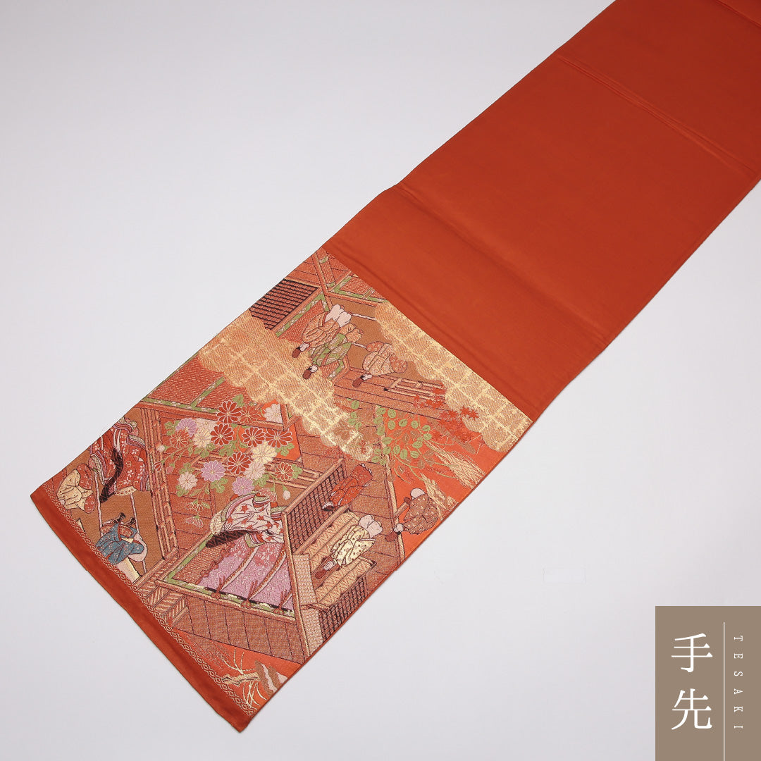 袋帯 帯丈420cm 正絹 六通 フォーマル 平安絵巻 雲取り 金系 朱系 1243-01169
