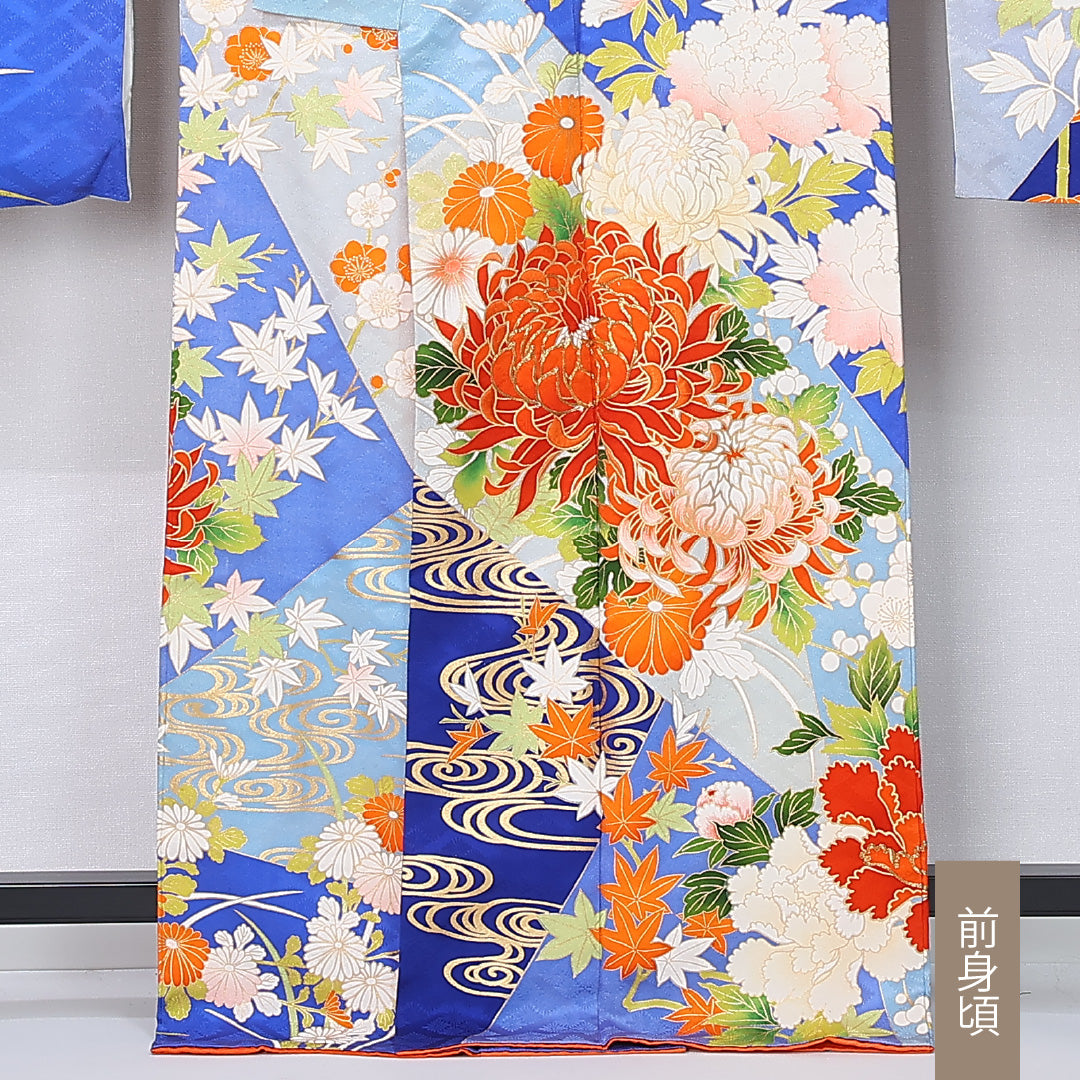 振袖 身丈164cm 裄丈66.5cm Bランク 袷 正絹 M 広衿 観世水 吉祥文様 古典柄 菊 紅葉 楓 牡丹 花柄 青系 1213-F0448