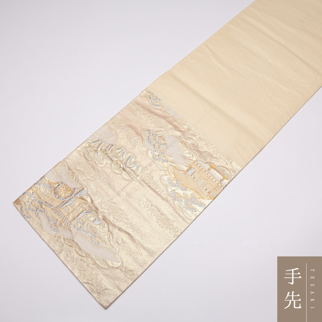 袋帯 帯丈412cm 六通 御所解 フォーマル クリーム系 正絹 Aランク 1223-01065