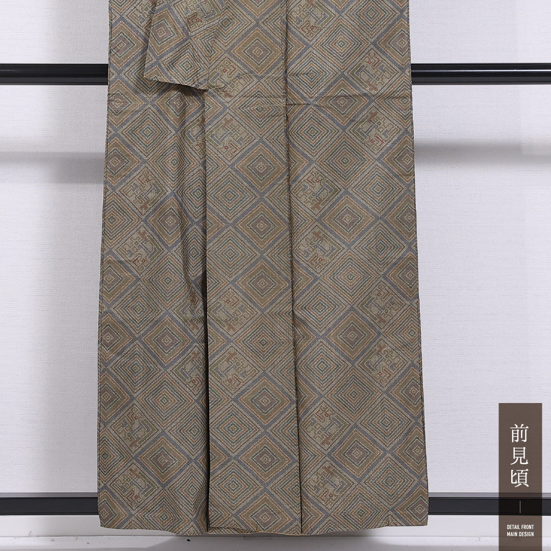 大島紬 袷 身丈156cm 裄丈62cm 正絹 Aランク インフォーマル 広衿 Mサイズ 幾何学柄 茶系 M4 1223-11612