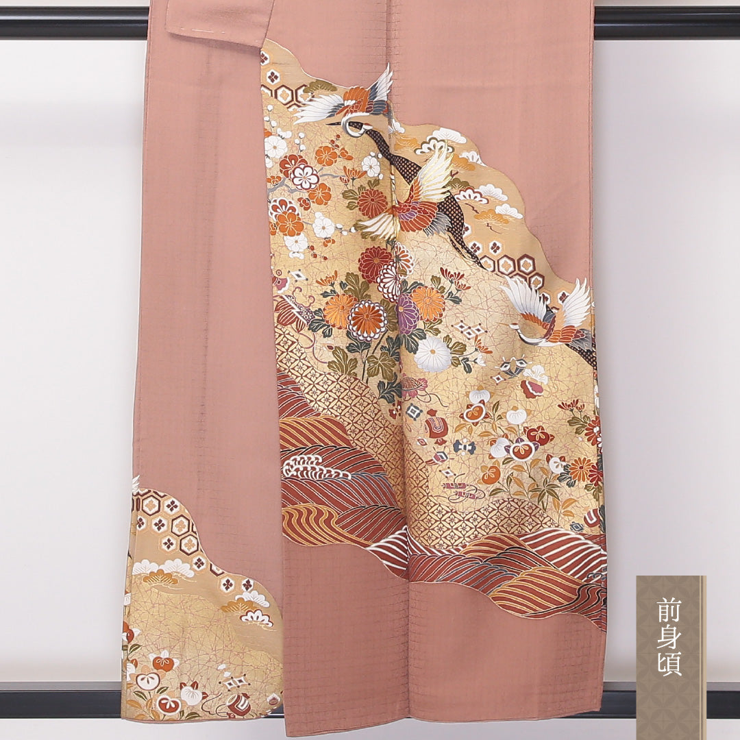 色留袖 一つ紋 身丈155cm 裄丈62.5cm Sランク 正絹 袷 広衿 M 金駒刺繍 鶴 道長取り 道長取り 鶴 笠松 吉祥文様 セミフォーマル 赤系 1211-F0223