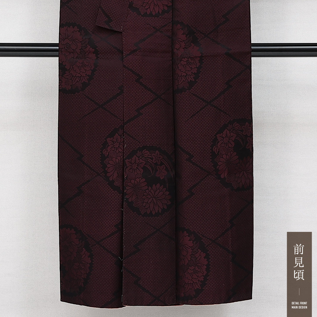 アンティーク お召 袷 身丈146cm 裄丈61cm 正絹 Aランク バチ衿 XSサイズ 松皮菱 花柄 赤系 RP 1222-14453