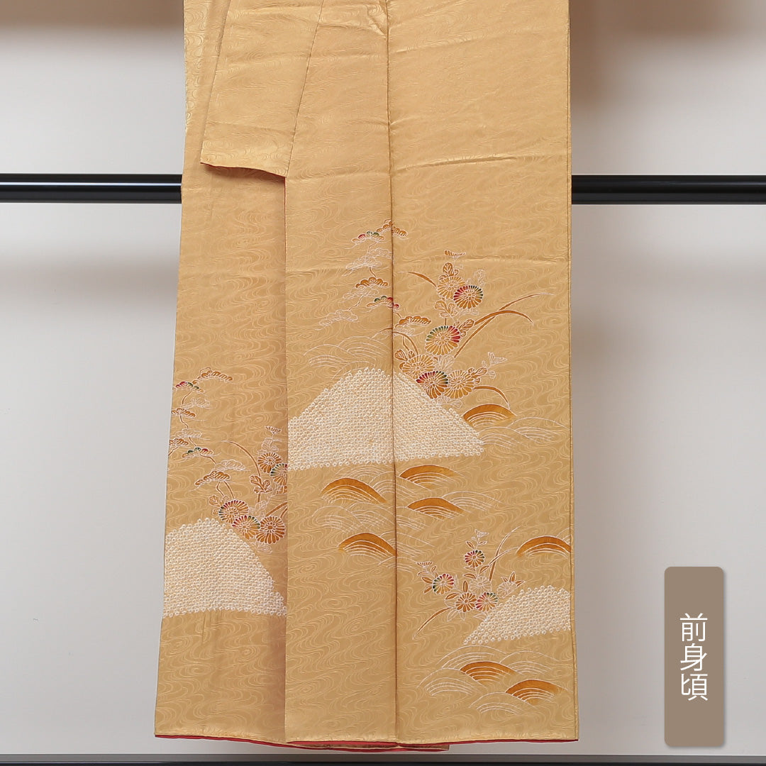 訪問着 袷 身丈148cm 裄丈62cm 正絹 Bランク 紋意匠 (観世水) セミフォーマル 広衿 XSサイズ 絞り 菊 金系 HP 1217-04306