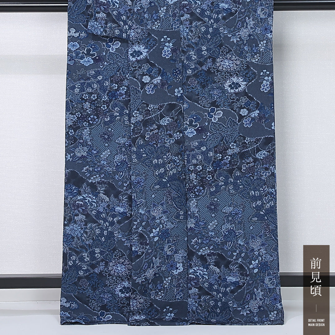 小紋 身丈164cm 裄丈64.5cm Sランク L 正絹 単衣 広衿 エレガント 藍型 ちりめん 橘 菊 桜 カジュアル 紺系 1215-12314