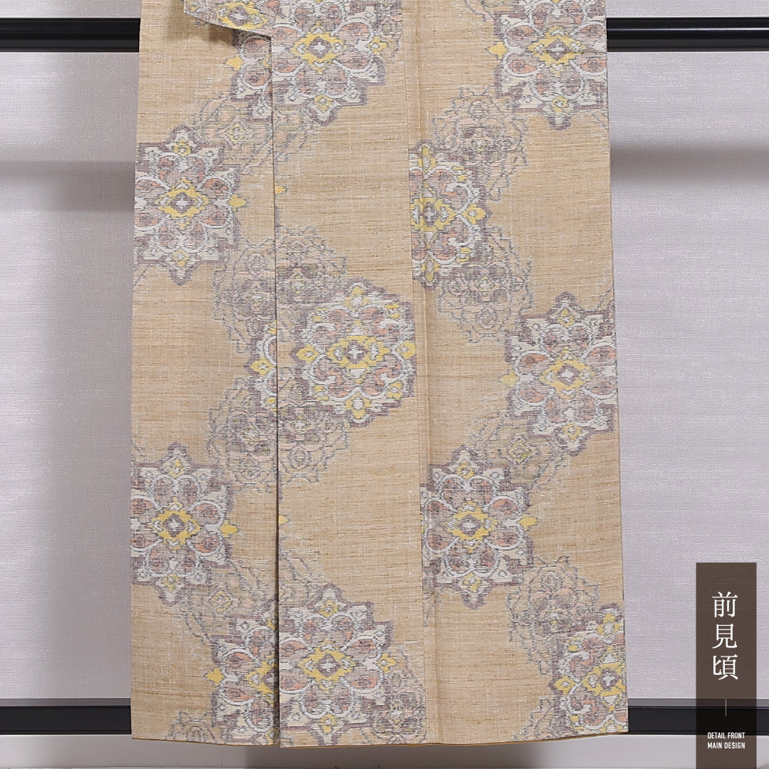 紬 袷 身丈153cm 裄丈62cm 正絹 Sランク カジュアル 広衿 Sサイズ 花柄 ベージュ系 RP 1223-11822