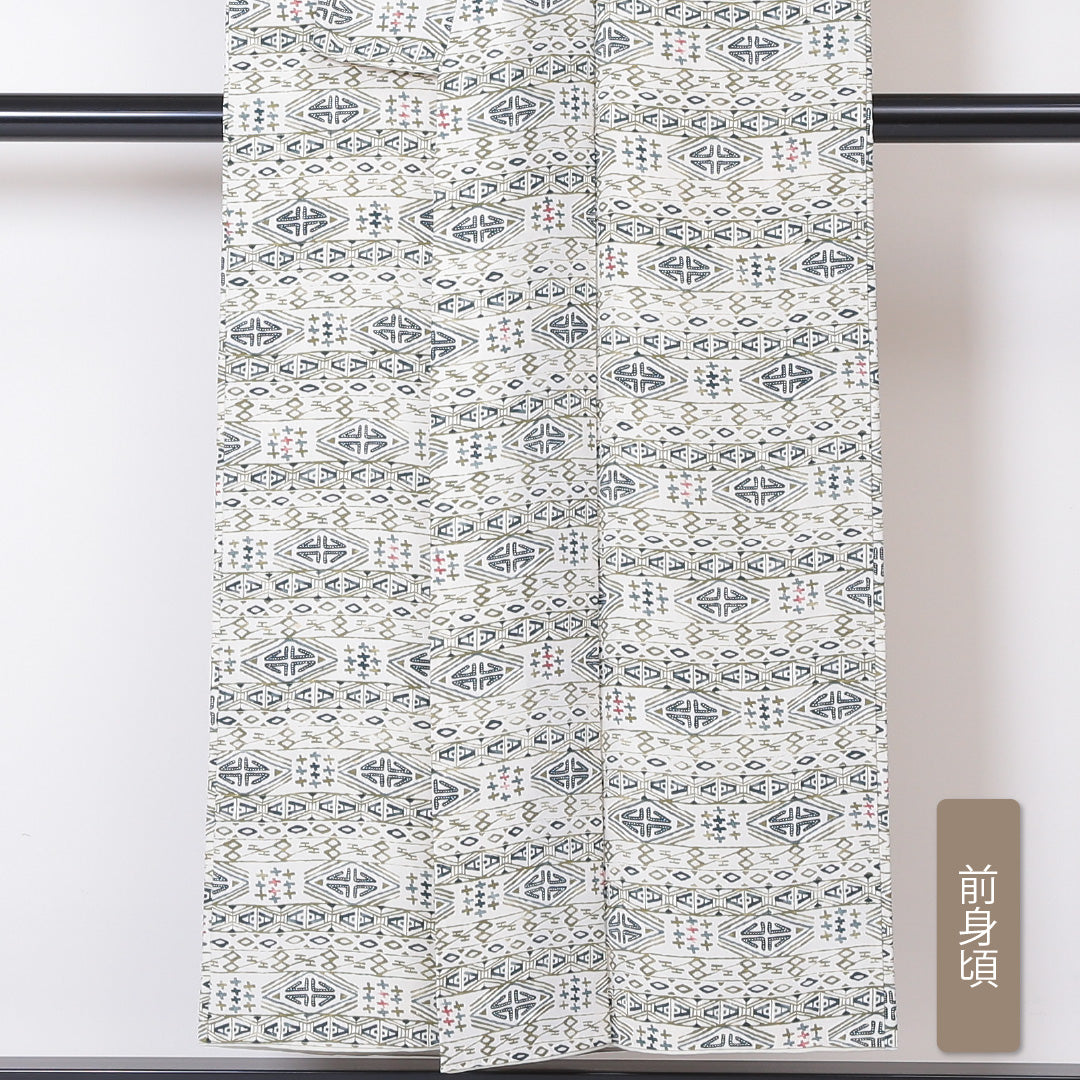 小紋 ちりめん 袷 身丈150cm 裄63.5cm 白系 幾何学 正絹 Sランク 1215-01853-2211