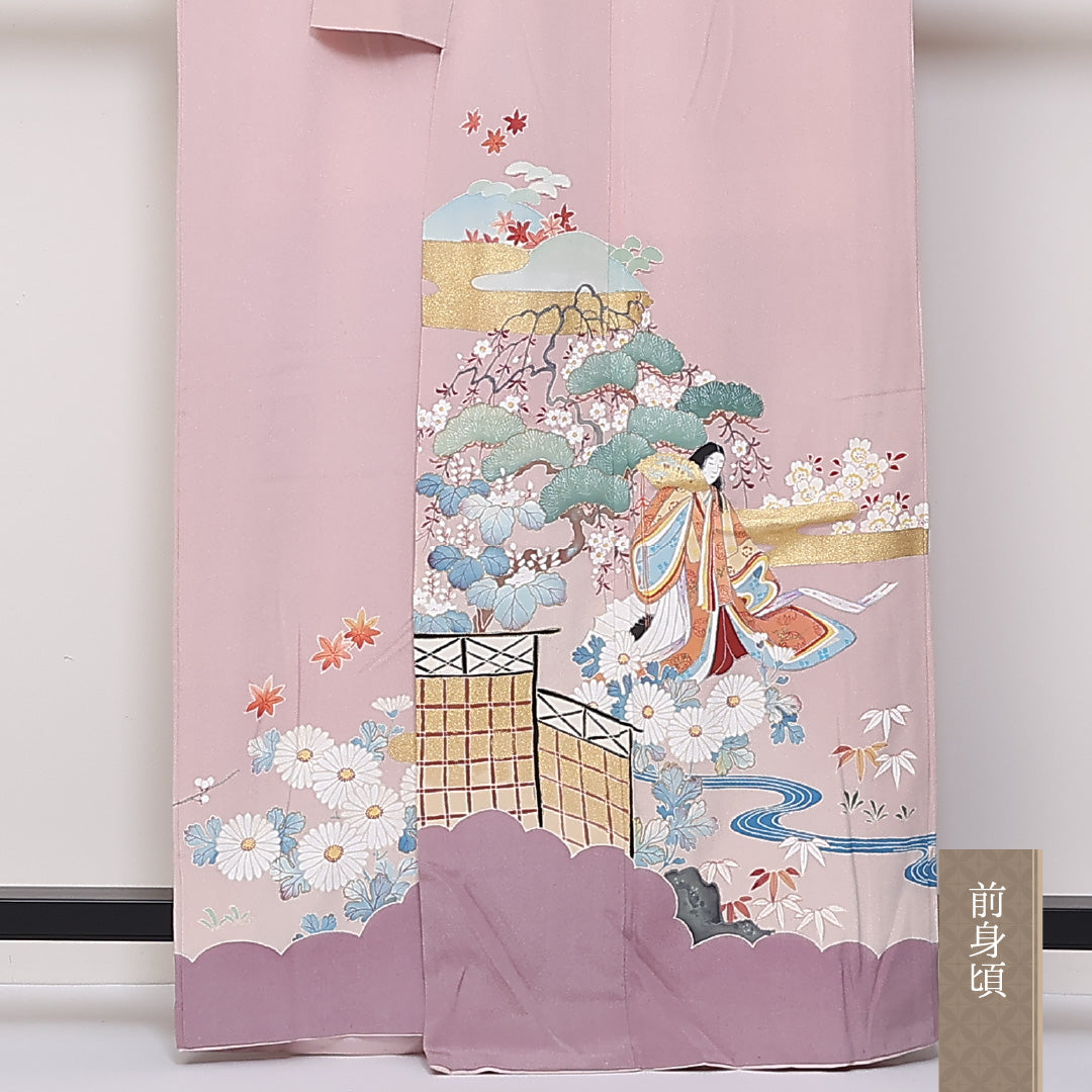 訪問着 袷 身丈162cm 裄63cm 正絹 一つ紋 平安絵巻 松 梅 右二つ巴 Bランク 1212-00694