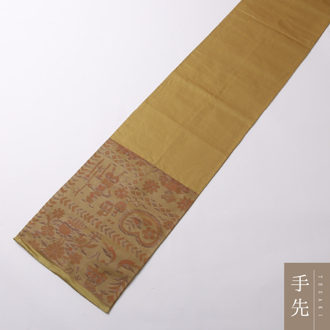 袋帯 帯丈420cm 正絹 六通 インフォーマル 創作柄 茶系 黄系 1243-01607
