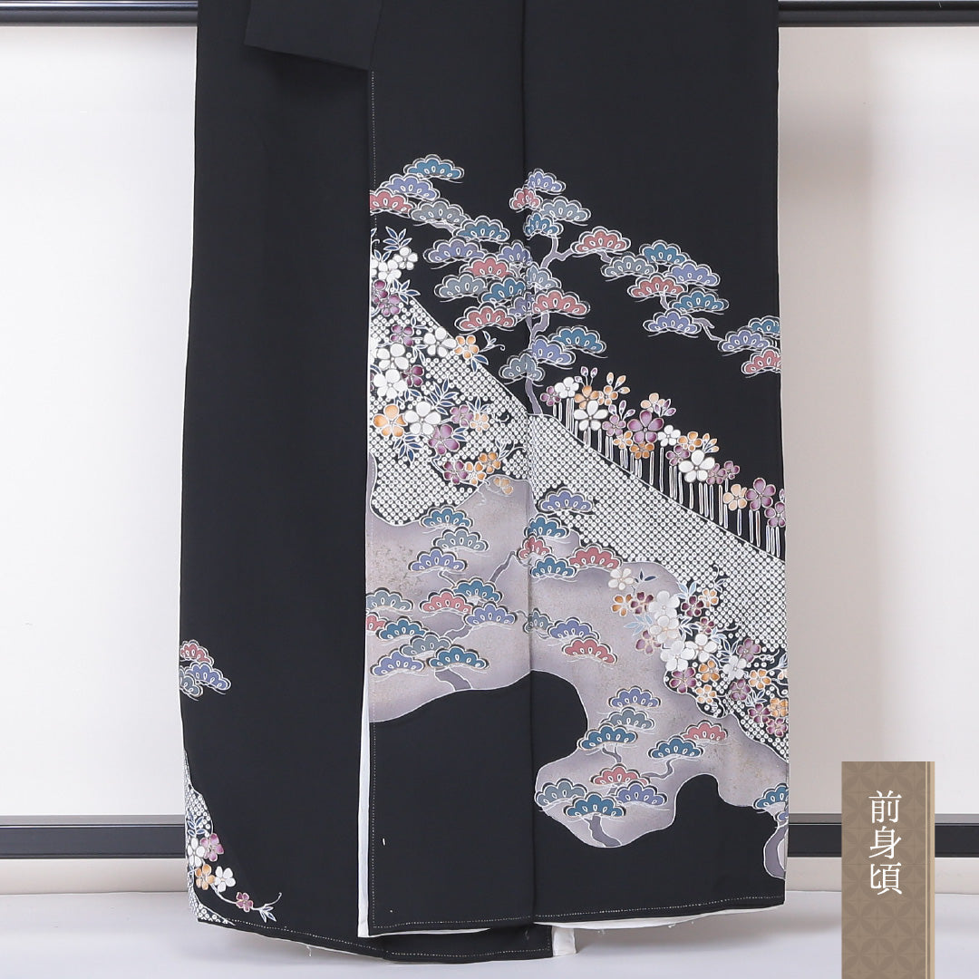 黒留袖 五つ紋 下り藤 身丈158cm 裄丈64cm Sランク 正絹 袷 比翼 広衿 M 京友禅 松 フォーマル 黒系 1211-F0215