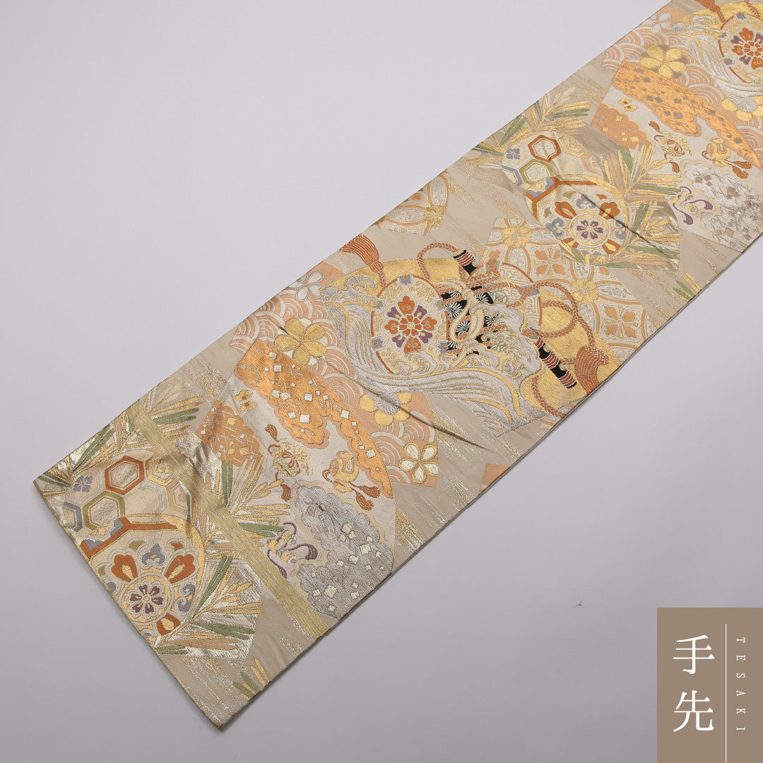 アンティーク 丸帯 帯丈400cm 正絹 全通 扇面文 楽器 クリーム系 金系 1242-01365