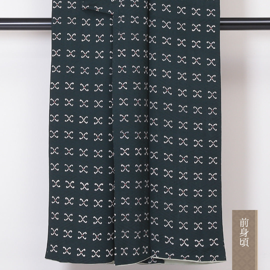 小紋 袷 身丈148cm 裄丈61cm 正絹 Aランク インフォーマル 広衿 XSサイズ 創作柄 緑系 RP 1221-02123