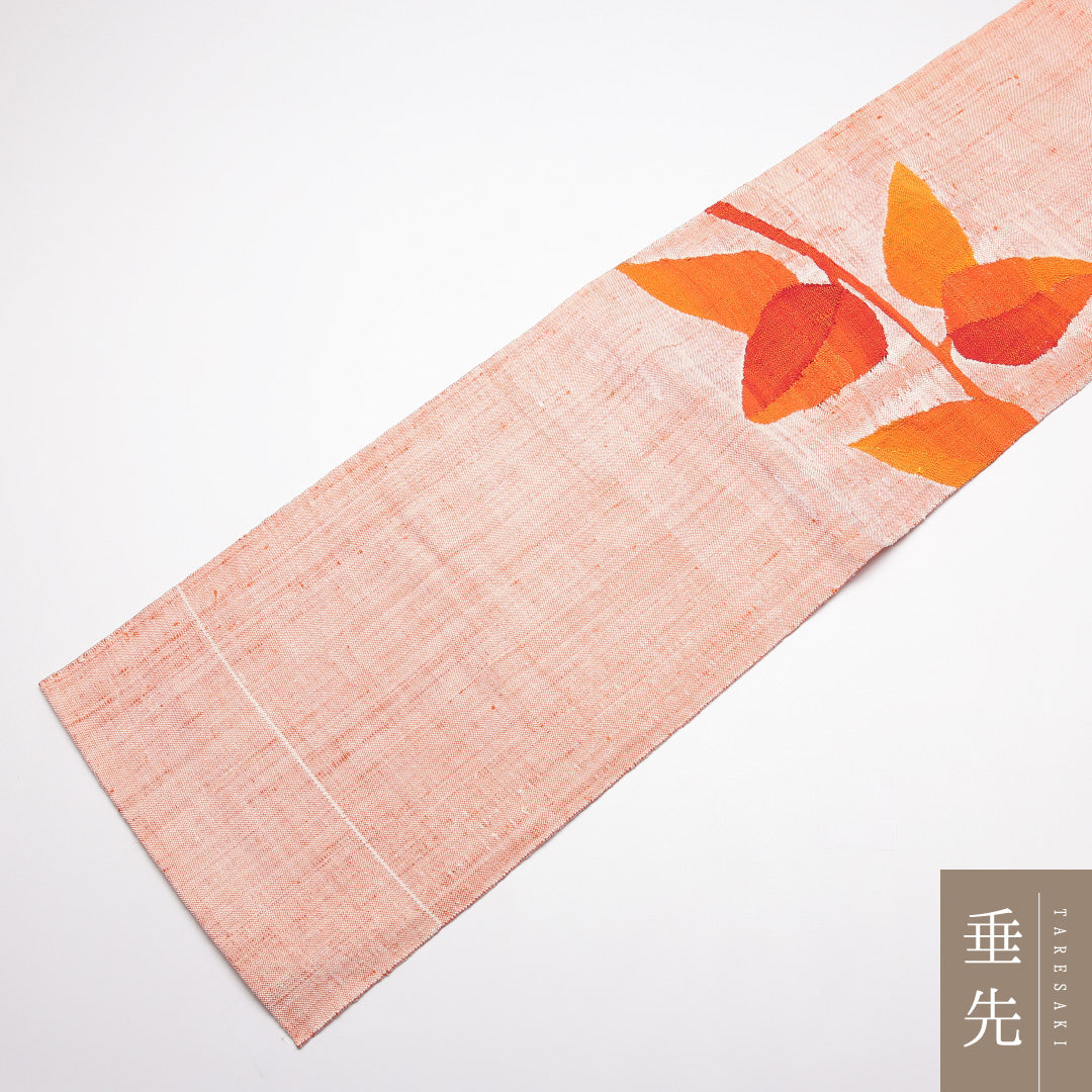 九寸名古屋帯 Bランク 帯丈364cm 正絹 ポイント柄 名古屋仕立て 織り カジュアル 紬 花柄 朱系 HP 1245-01894