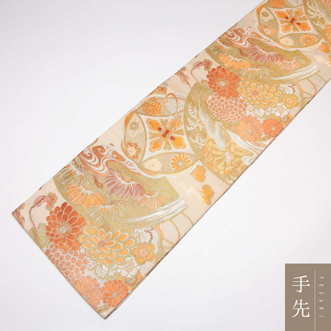 アンティーク 丸帯 帯丈388cm 正絹 全通 花扇 菊 クリーム系 1242-01193