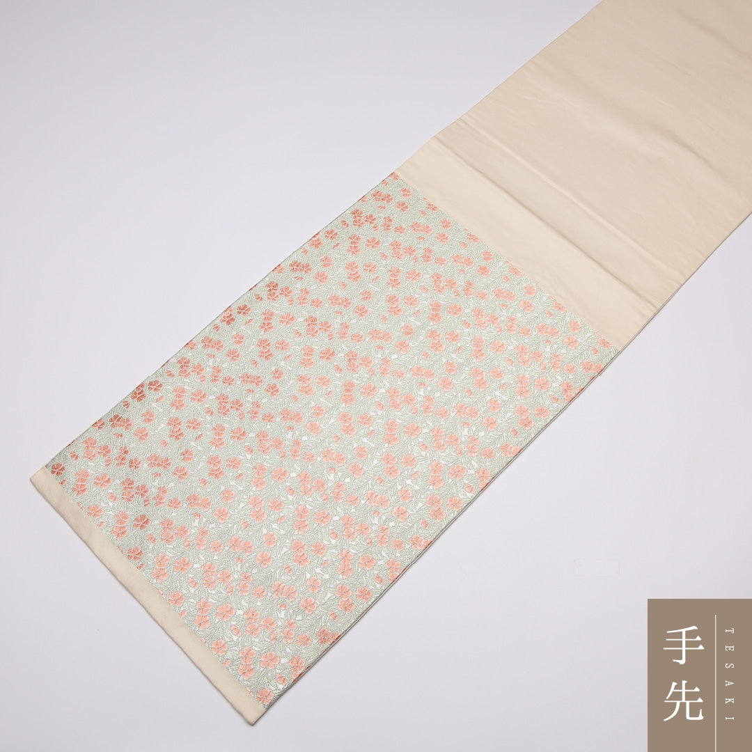 袋帯 帯丈436cm 六通 桜 菊 白系 セミフォーマル ピンク系 正絹 Aランク 1223-01087