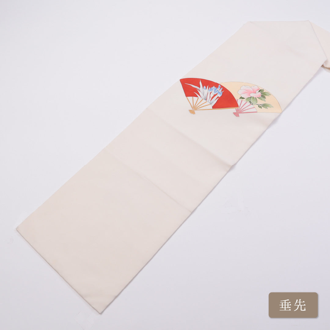 九寸名古屋帯 Bランク 帯丈344cm 正絹 ポイント柄 名古屋仕立て 帯端のみ未仕立て 染め インフォーマル 塩瀬 扇 牡丹 白系 LP 1245-00417