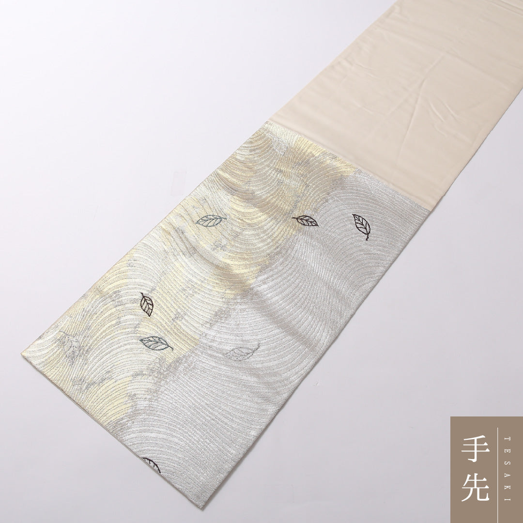 袋帯 帯丈438cm 正絹 六通 セミフォーマル 流水 木の葉 銀系 1243-01683
