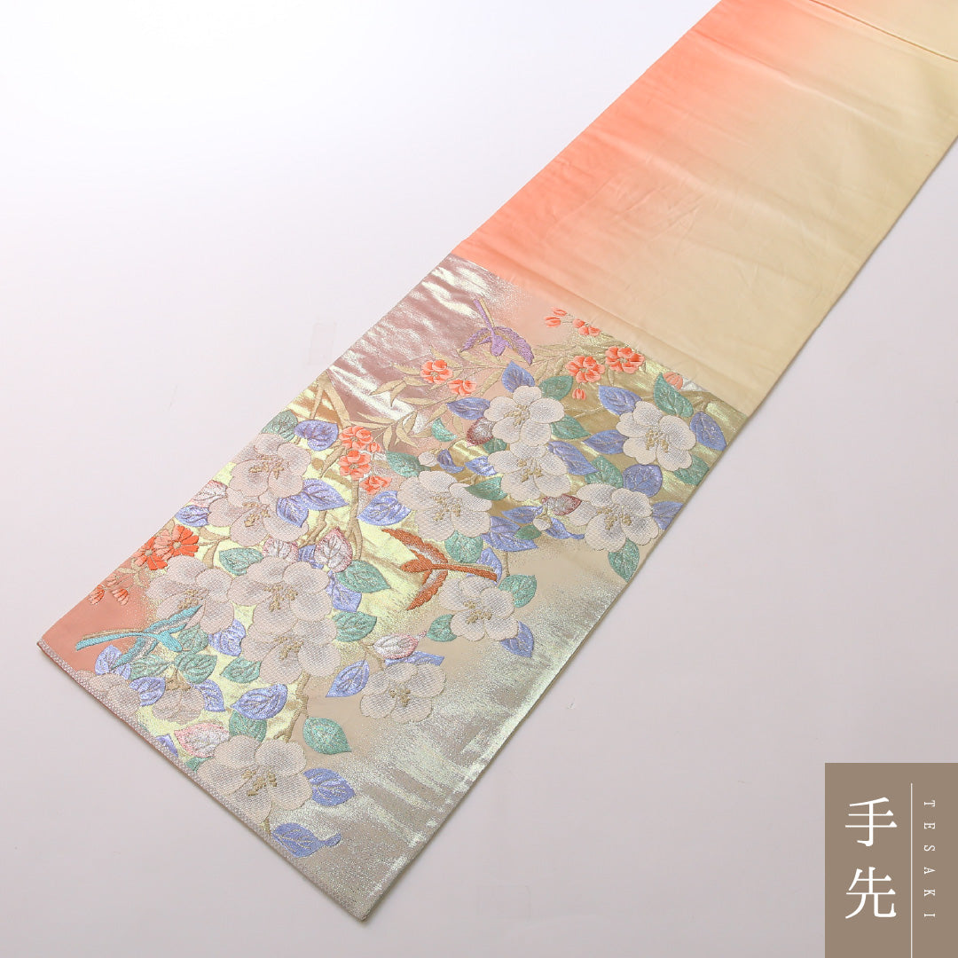 袋帯 帯丈424cm 六通 セミフォーマル Sランク 正絹 椿 写実的 気品 ピンク系 1223-01657