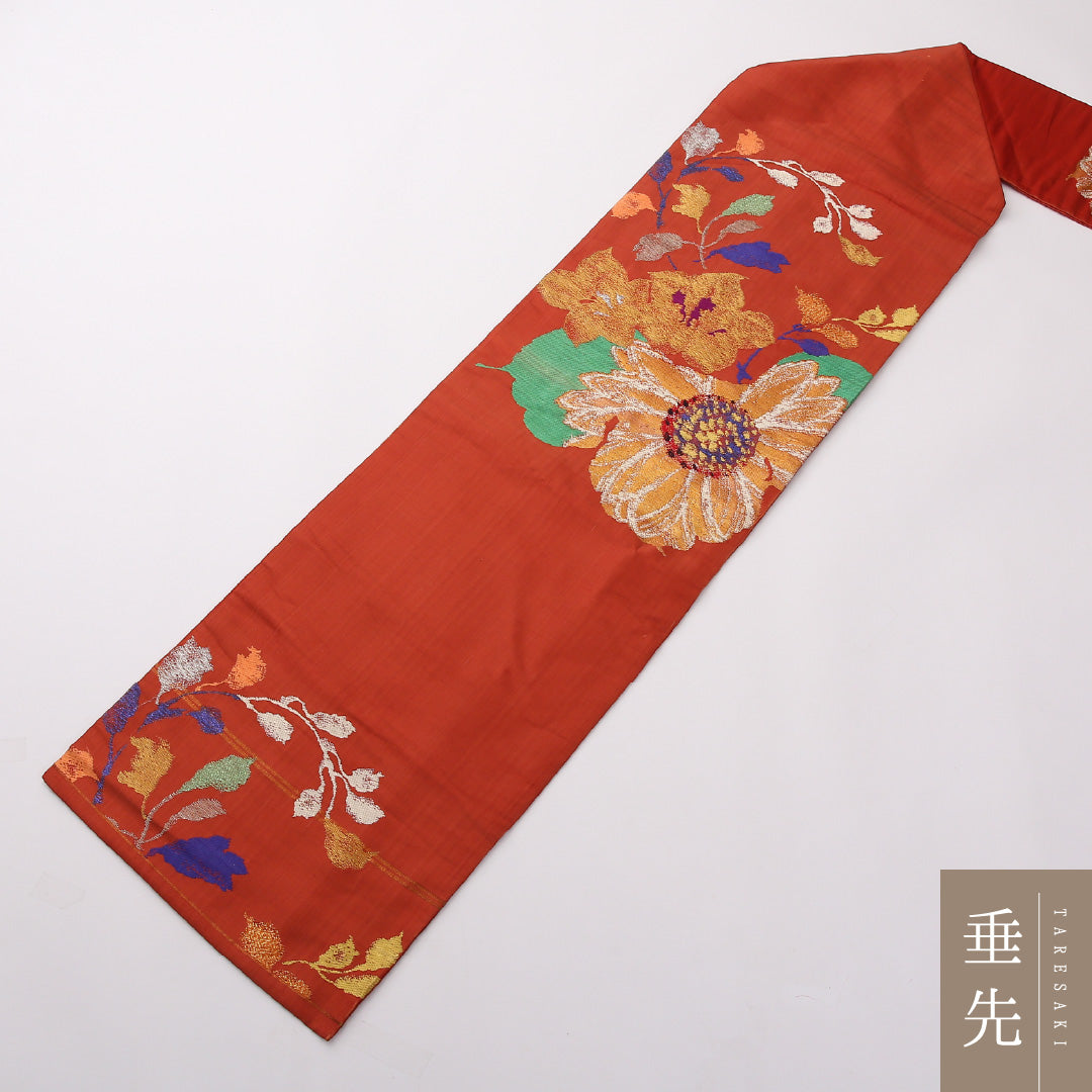 アンティーク 名古屋帯 六通 帯丈327cm Aランク 正絹 すくい織 牡丹 桔梗 蒲公英 赤系 1224-02368