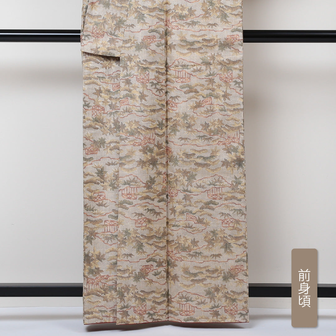紬 袷 身丈160cm 裄丈64cm 正絹 Aランク カジュアル 広衿 Lサイズ 古典柄 クリーム系 RP 1223-03003