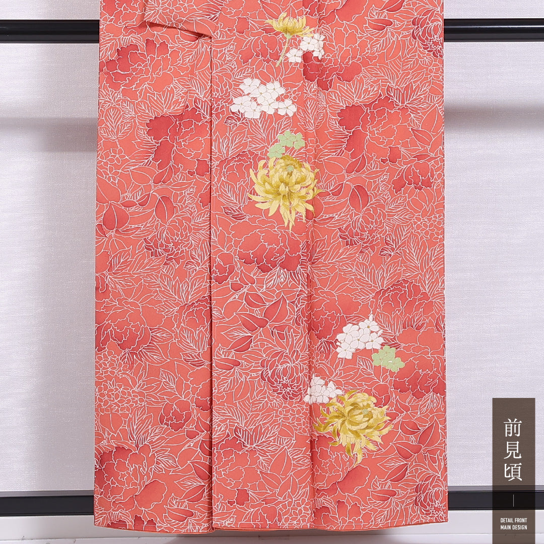 付下げ 袷 身丈155cm 裄丈62cm 正絹 Sランク インフォーマル 広衿 Mサイズ 紫陽花 朱系 RP 1218-11646