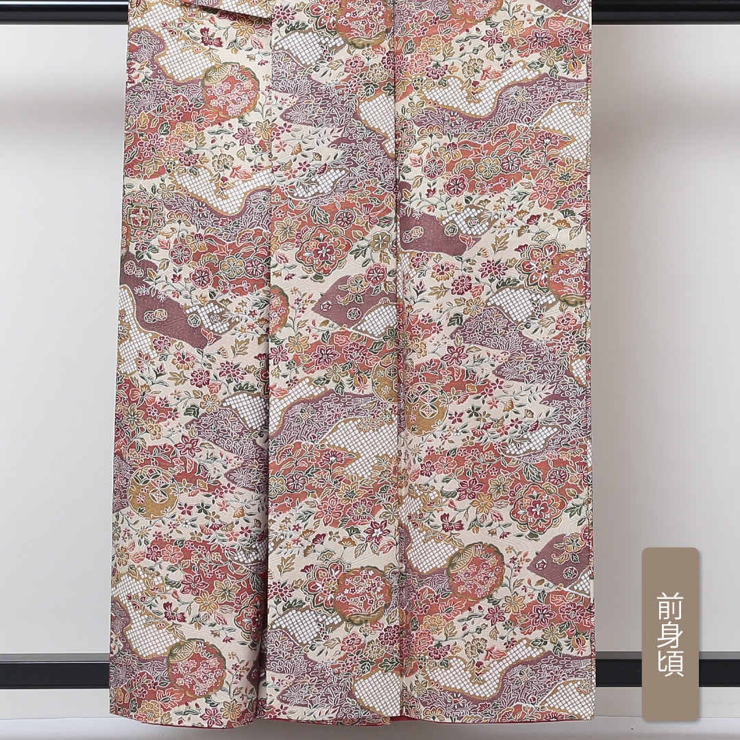 小紋 袷 身丈157cm 裄64cm クリーム系 古典柄 お正月 洗える着物 Sランク 1215-01493-2315