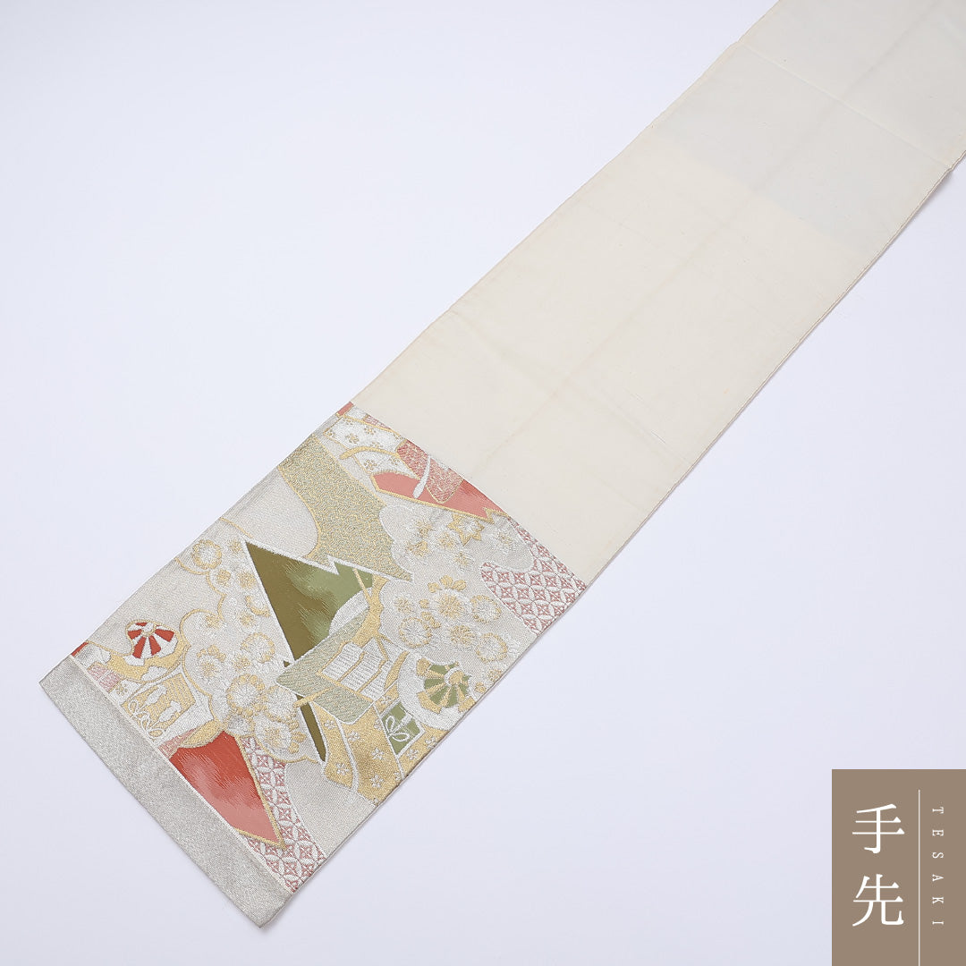 アンティーク 袋帯 帯丈416cm 六通 御所車 フォーマル クリーム系 正絹 Aランク 1223-00953