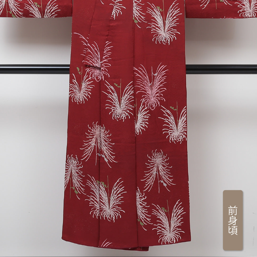 アンティーク 小紋 (錦紗) 袷 身丈145cm 裄丈62cm 正絹 Aランク バチ衿 XSサイズ 菊 赤系 RP 1221-01328