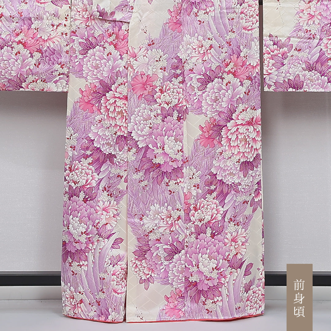 振袖 身丈162cm 裄丈62cm Aランク 袷 正絹 M 広衿 エレガント 吉祥文様 牡丹 花柄 紫系 1213-F0430
