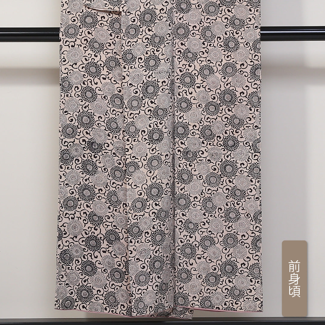 アンティーク 小紋 袷 身丈149cm 裄64.5cm ベージュ系 菊 唐草 正絹 Bランク 1215-01676-4125
