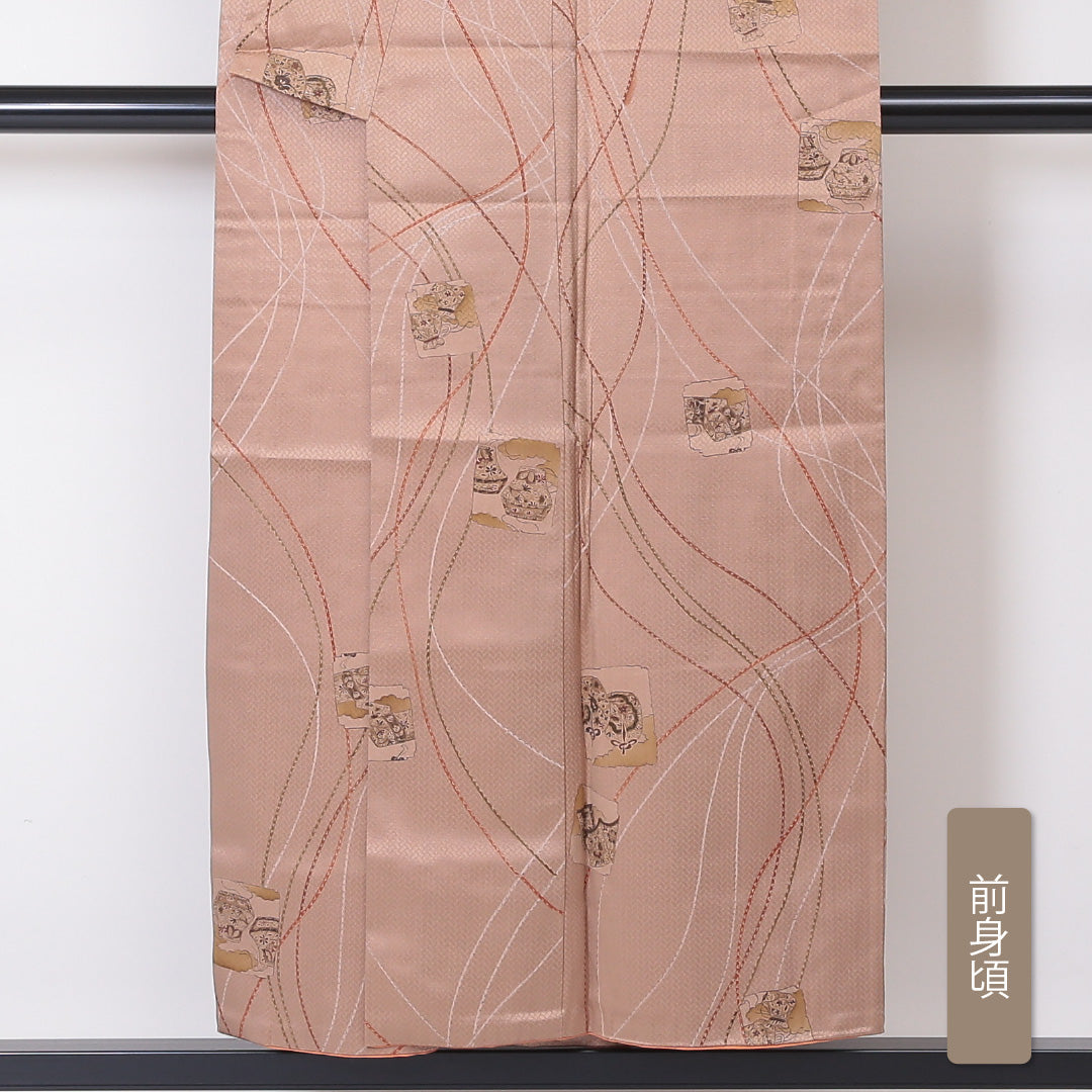 小紋 袷 身丈149cm 裄丈64cm 正絹 Sランク インフォーマル 広衿 XSサイズ 茶道具 ベージュ系 RP 1221-01984