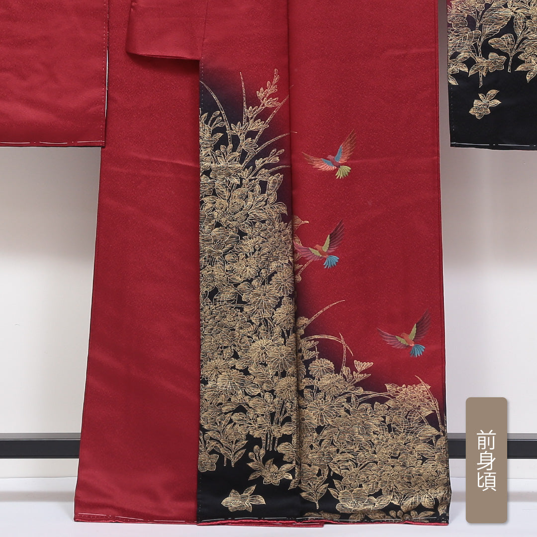 振袖 身丈165cm 裄丈68cm Sランク 袷 正絹 広衿 蘇州刺繍 尾長鳥 牡丹 1213-F0049