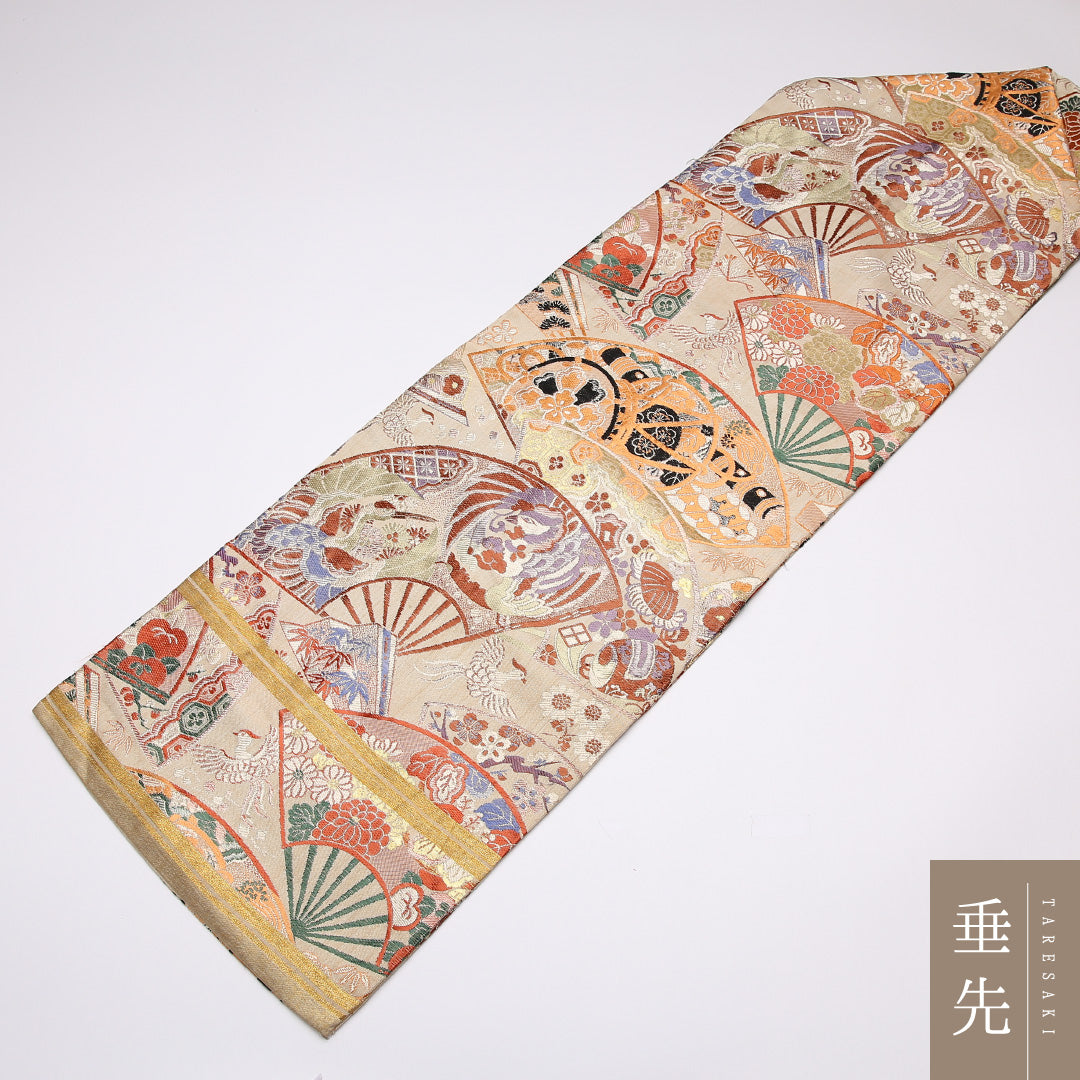 アンティーク 九寸名古屋帯 Cランク 帯丈351cm 正絹 全通 名古屋仕立て 織り 花扇 鼓 四季草花 クリーム系 LP 1245-01448