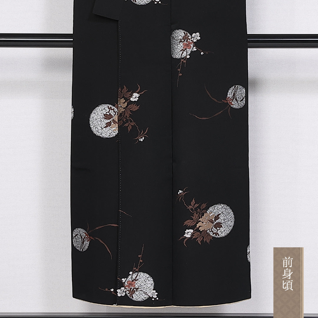 アンティーク お召 袷 身丈148cm 裄丈62cm 正絹 Aランク バチ衿 XSサイズ 牡丹 鞠 黒系 RP 1222-10508