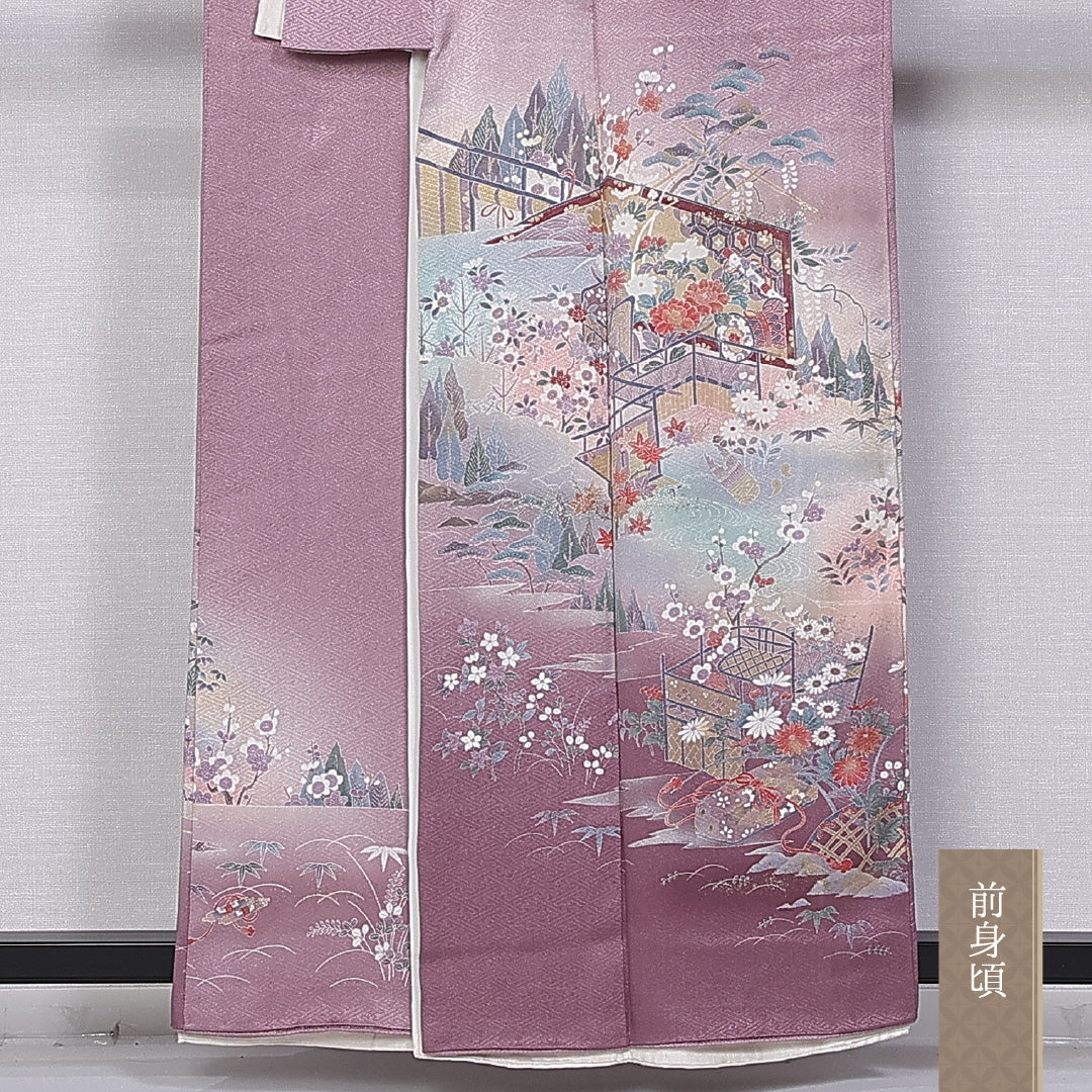 色留袖 身丈157cm 裄丈62.5cm 袷 三つ紋 丸に蔓柏 正絹 Bランク 広衿 比翼仕立て 笠松 御所解 観世水 紋意匠 1211-F0376