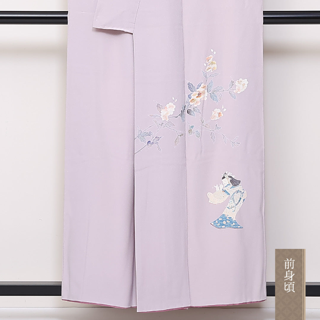 訪問着 袷 身丈154cm 裄63cm 正絹 人物 手描き 桜 作家物 落款 Bランク 1212-00720