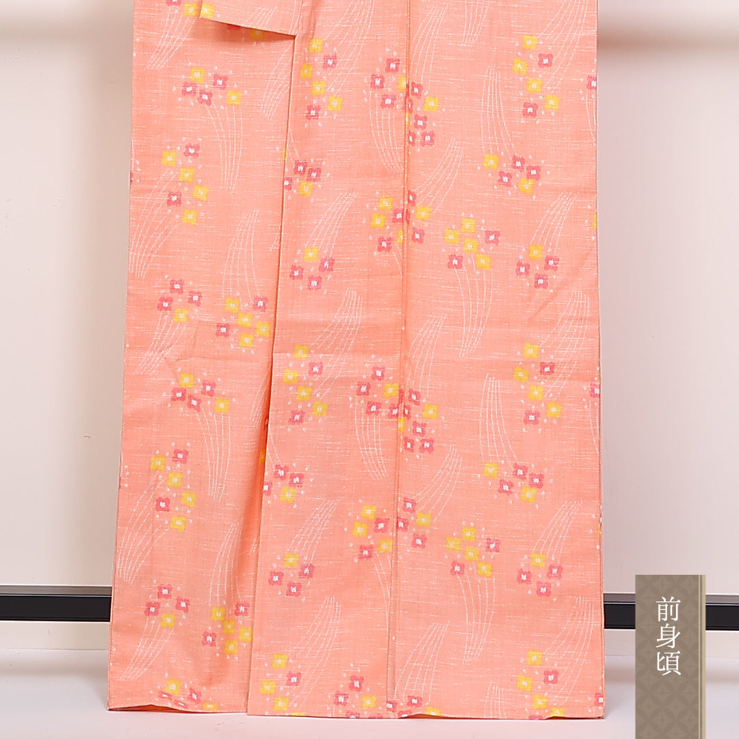 紬 単衣 身丈164cm 裄64cm 洗える着物 ポリエステル 小花 ピンク系 Sランク 1216-01302