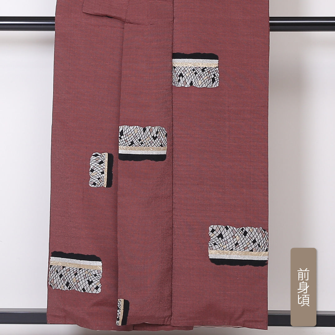 お召 袷 身丈155cm 裄丈64cm 正絹 Aランク インフォーマル 広衿 Mサイズ 創作柄 茶系 RP 1222-03279