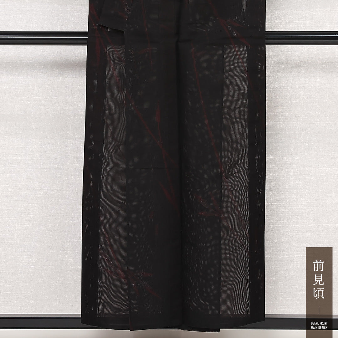 夏物 小紋 紗 身丈152cm 裄丈64.5cm Sランク 正絹 バチ衿 Sサイズ カジュアル 漆糸 植物柄 黒系 シック 落ち着き 1215-13230