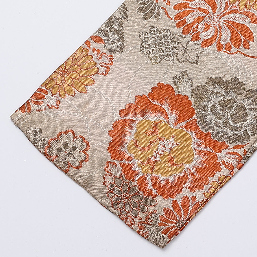 アンティーク 半幅帯 帯丈296cm 全通 小袋帯 扇 牡丹 菊 桜 紅葉 正絹 クリーム系 Cランク 1225-000351