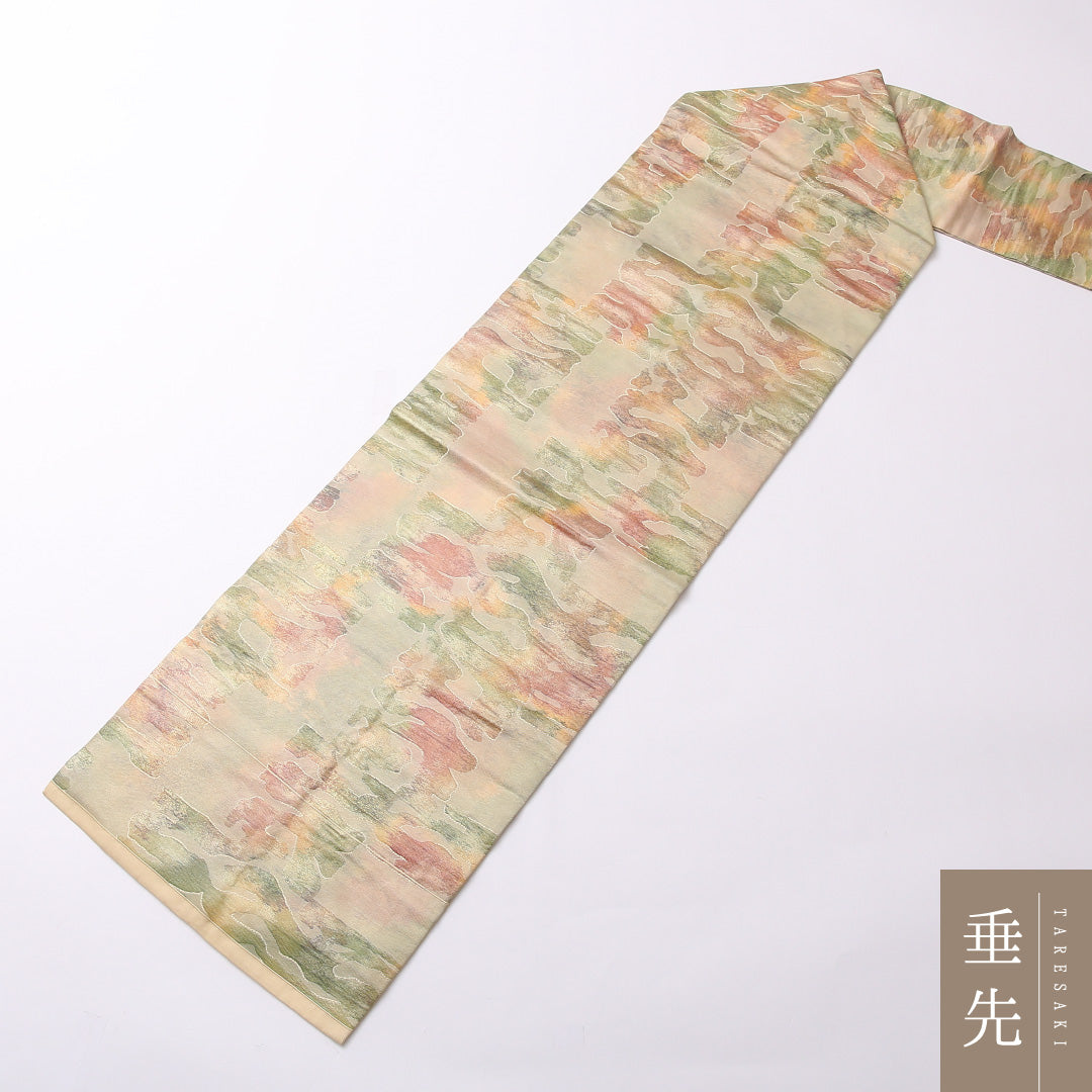 九寸名古屋帯 Aランク 帯丈352cm 正絹 六通 名古屋仕立て 織り セミフォーマル 創作柄 クリーム系 RP 1245-02782