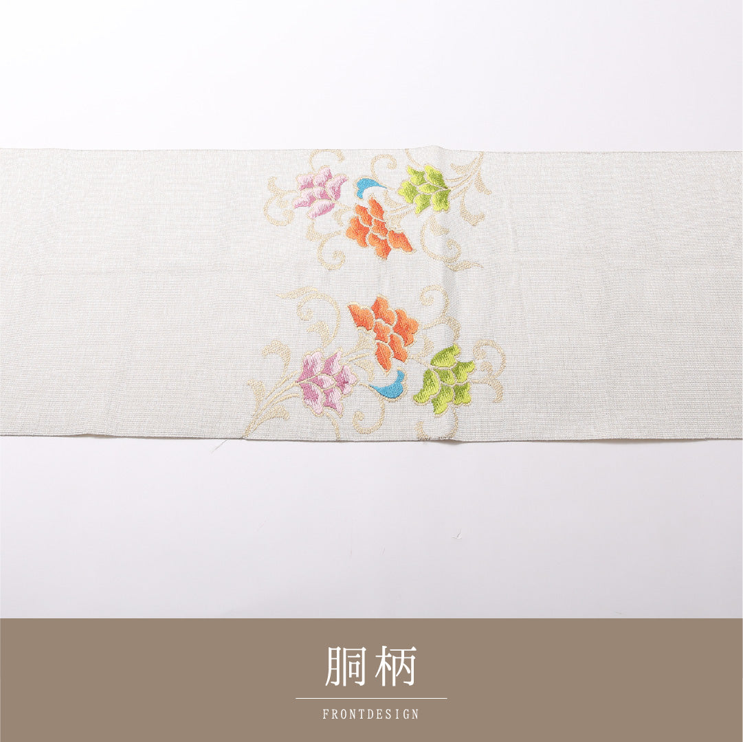 八寸名古屋帯 Sランク 帯丈362cm 正絹 ポイント柄 松葉仕立て 織り セミフォーマル リバーシブル 唐織 宝相華 銀系 RP 1245-03010
