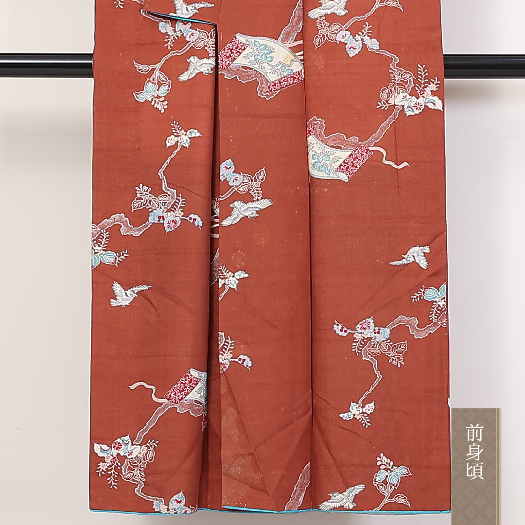アンティーク 小紋 袷 身丈146cm 裄62cm 正絹 鳥 絵巻 朱系 ちりめん Cランク 1215-02307