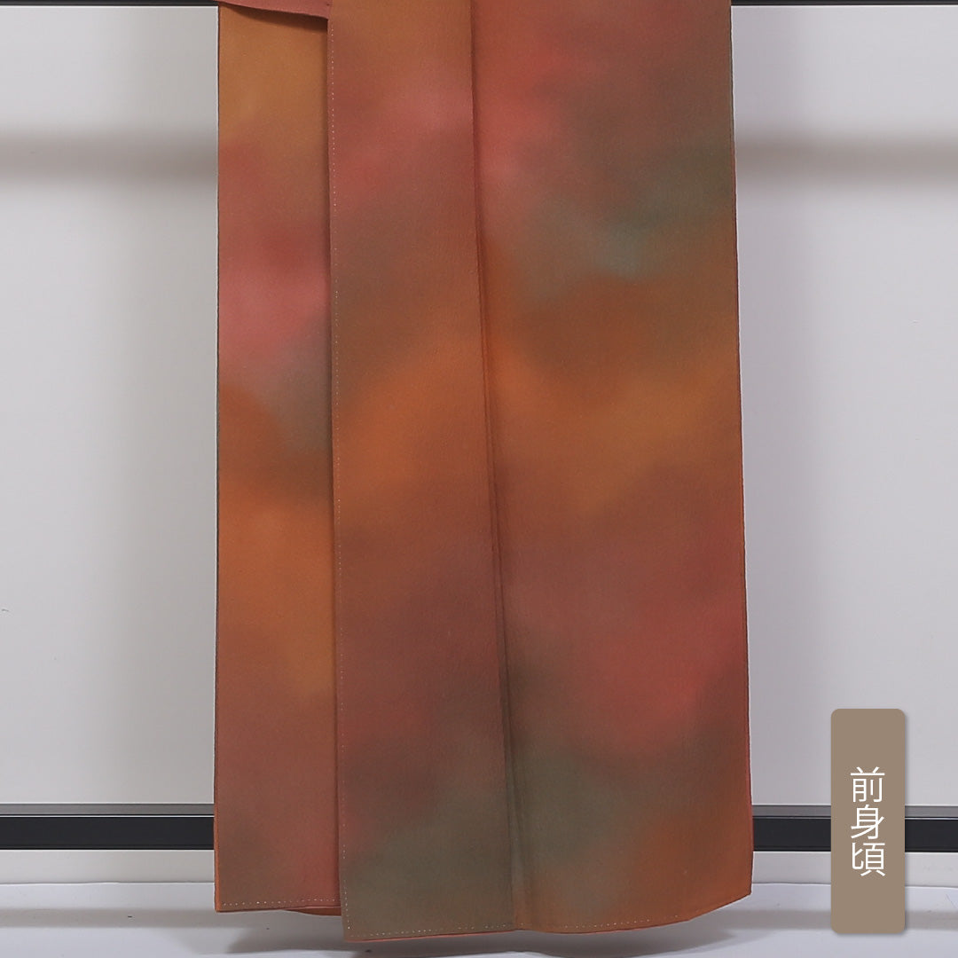 小紋 袷 身丈158cm 裄丈65cm 正絹 Aランク インフォーマル 広衿 Mサイズ 斉藤三才 ぼかし染 作家物 落款 抽象柄 朱系 HP 1221-01799