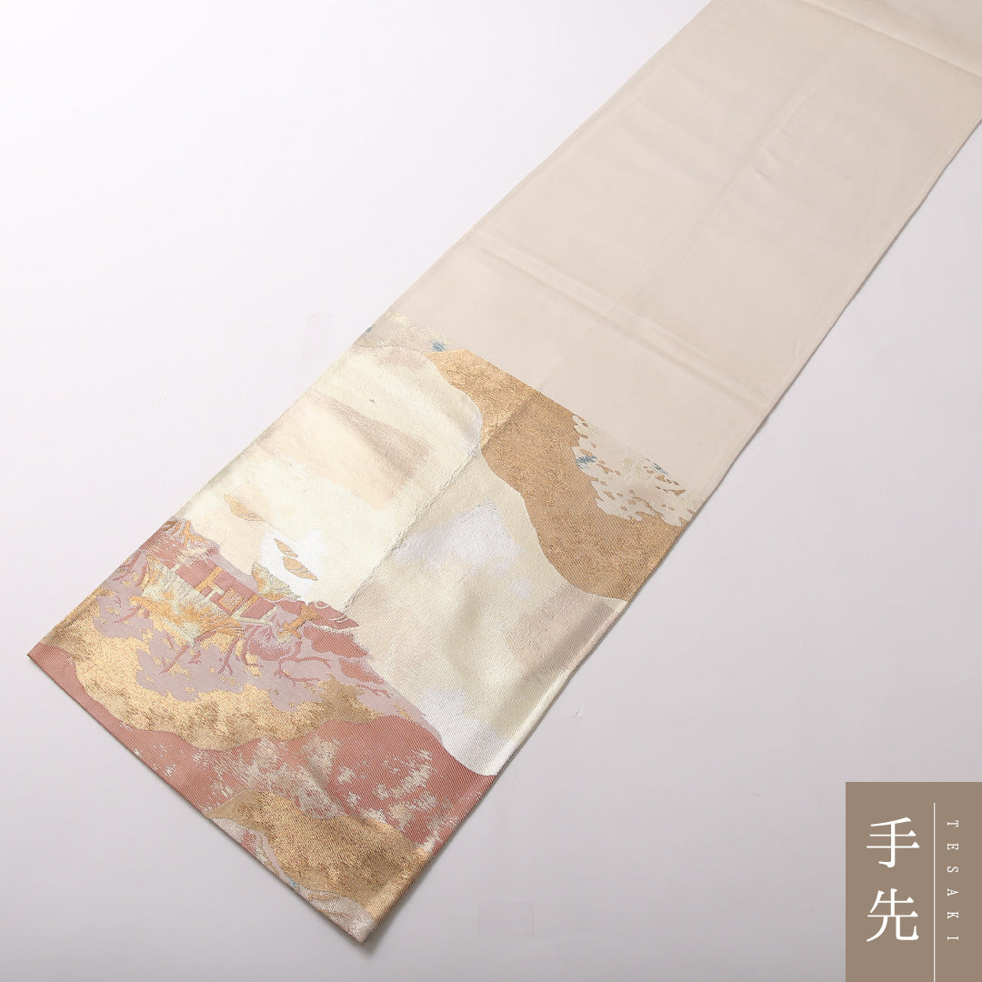 名勝 寂光院 袋帯 帯丈400cm 六通 フォーマル Aランク 正絹 引箔 寂光院 写実的 存在感 金系 1223-01719