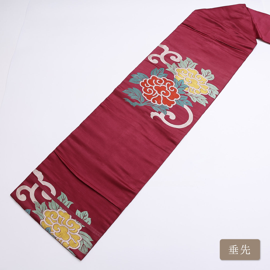 アンティーク 名古屋帯 帯丈324cm ポイント柄 名古屋仕立て Cランク カジュアル 牡丹 唐草 正絹 紫系 1224-01243