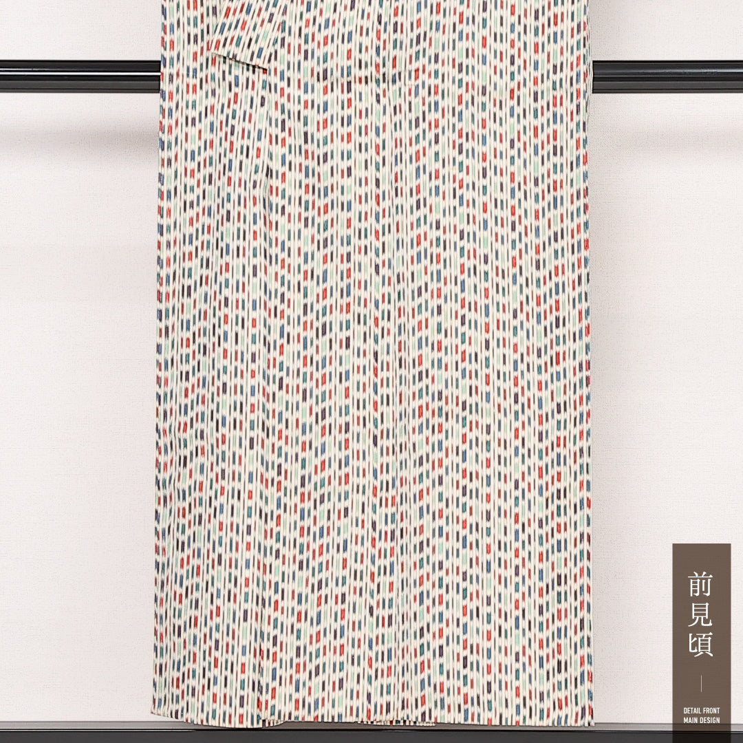 お召 単衣 身丈150cm 裄丈61cm 正絹 Sランク インフォーマル バチ衿 Sサイズ 居敷当て 創作柄 白系 RP 1222-13385