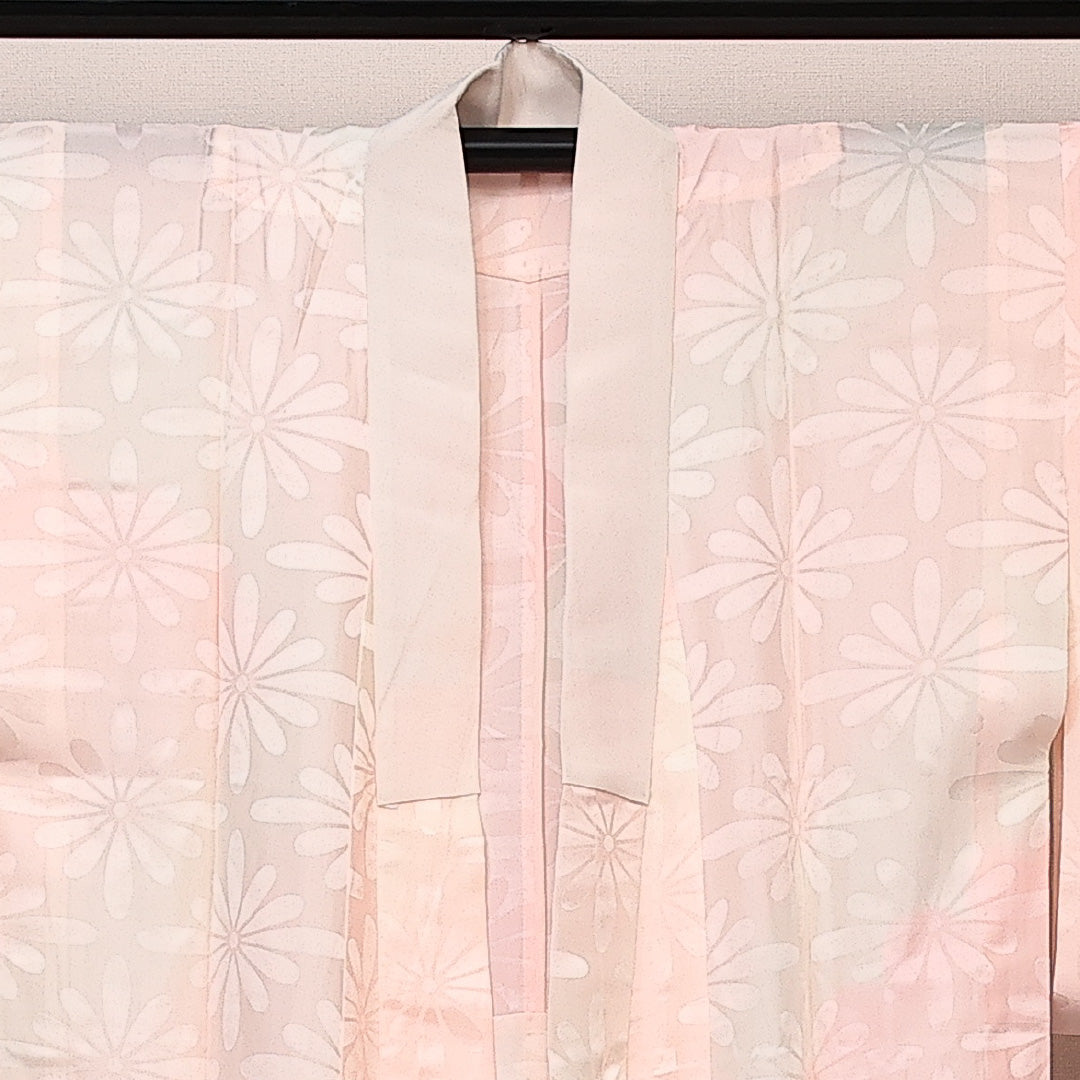 長襦袢 無双袖 身丈139cm 裄丈64cm 正絹 Sランク 紋意匠 (菊) 2XLサイズ 居敷当て ピンク系 RP 1239-14044