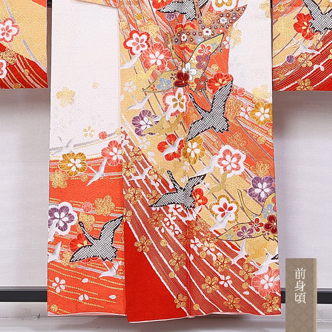 振袖 身丈154cm 裄丈63cm 袷 正絹 Sランク 広衿 梅 鶴 金糸 1213-F0381